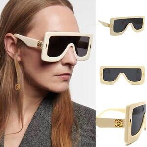 NWT Loewe | Oversized Anagram Shield Mirrored Ivory Gold Unisex Sunglasses $550